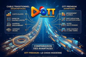 Tableau comparatif entre l'OTT Premium et le câble satellite montrant les économies et la diversité des contenus