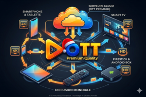 Schéma de fonctionnement de la technologie OTT Premium diffusant du contenu via internet vers plusieurs appareils connectés.